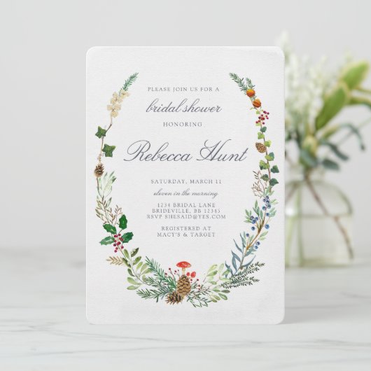 Winter Woodland Bruids Douche Uitnodiging (Staand voorkant)