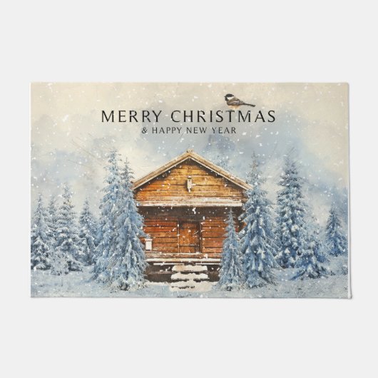 Winter Woodland Cabin Merry Kerstmis Deurmat (Voorkant)