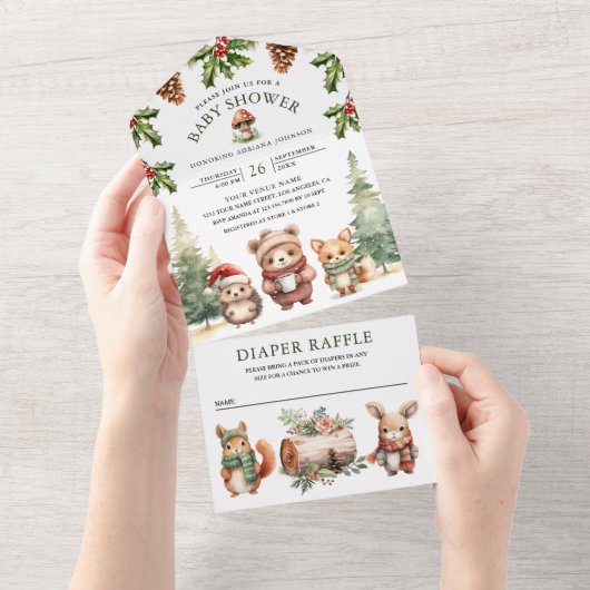 Winter Woodland Cute Animals Kerst Baby shower All In One Uitnodiging (Afscheurbaar)