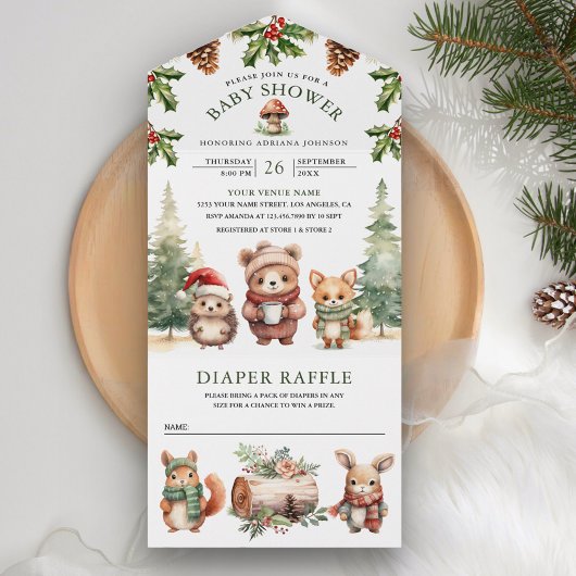 Winter Woodland Cute Animals Kerst Baby shower All In One Uitnodiging