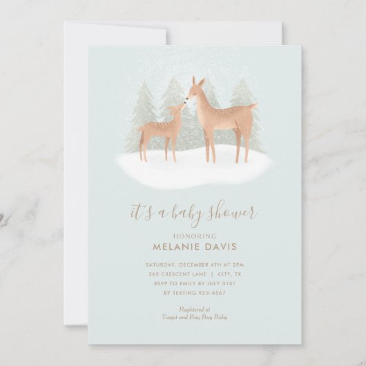 Winter Woodland Deer Blue Baby shower Invitation Kaart (Voorkant)