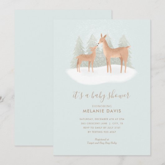 Winter Woodland Deer Blue Baby shower Invitation Kaart (Voorkant / Achterkant)