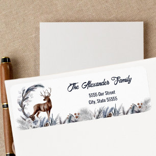 Winter Woodland Deer Elegante Natuur Waterverf Etiket