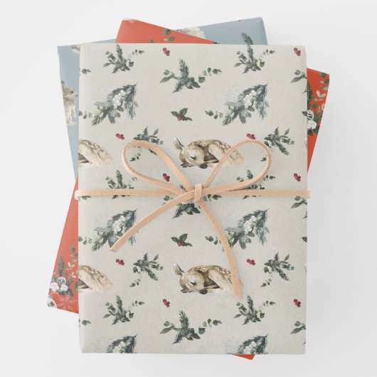 Winter Woodland Deer en Bunny Rabbit Pattern Inpakpapier Vel (In situ)