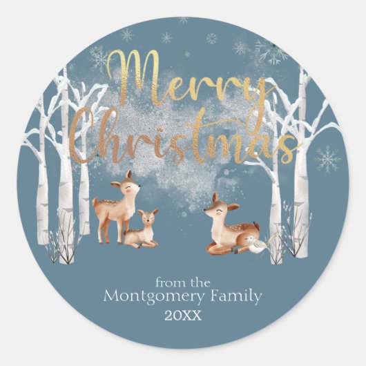 Winter Woodland Deer & Gold Kerstmis op blauw Ronde Sticker (Voorkant)