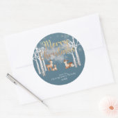 Winter Woodland Deer & Gold Kerstmis op blauw Ronde Sticker (Envelop)
