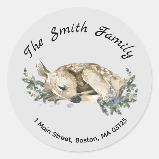 Winter Woodland Deer kerstreitadres Ronde Sticker (Voorkant)