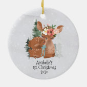 Winter Woodland Deer Mama Baby 1e Kerstdag Keramisch Ornament (Achterkant)