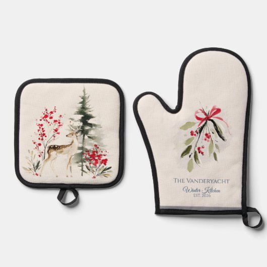Winter Woodland Deer & Mistletoe Ovenwant & Pannenlap Set (Voorkant)