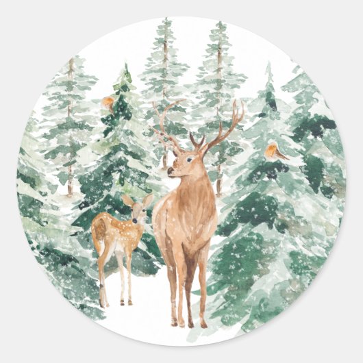Winter Woodland Deer Rustic Kerstmis Ronde Sticker (Voorkant)