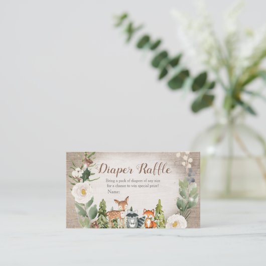 Winter Woodland Diaper Raffle White Floral Informatiekaartje (Staand voorkant)