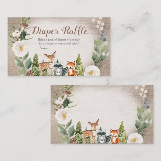 Winter Woodland Diaper Raffle White Floral Informatiekaartje (Voorkant / Achterkant)