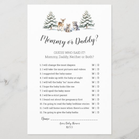 Winter Woodland Dieren Douche Mama of Daddy Game Flyer (Voorkant)