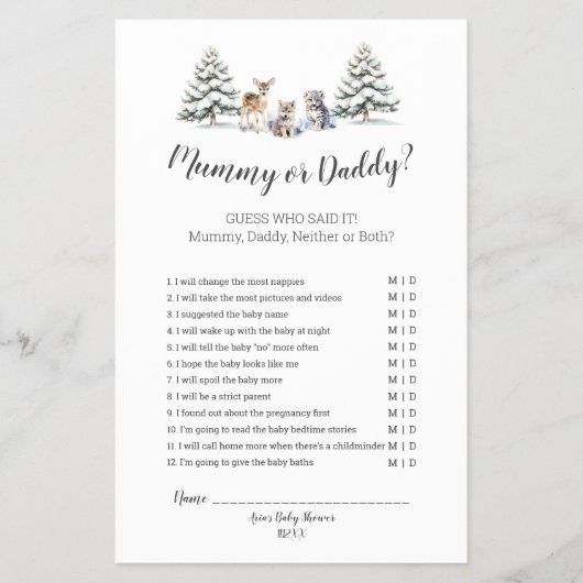 Winter Woodland Dieren Douche Mama of Papa Flyer (Voorkant)