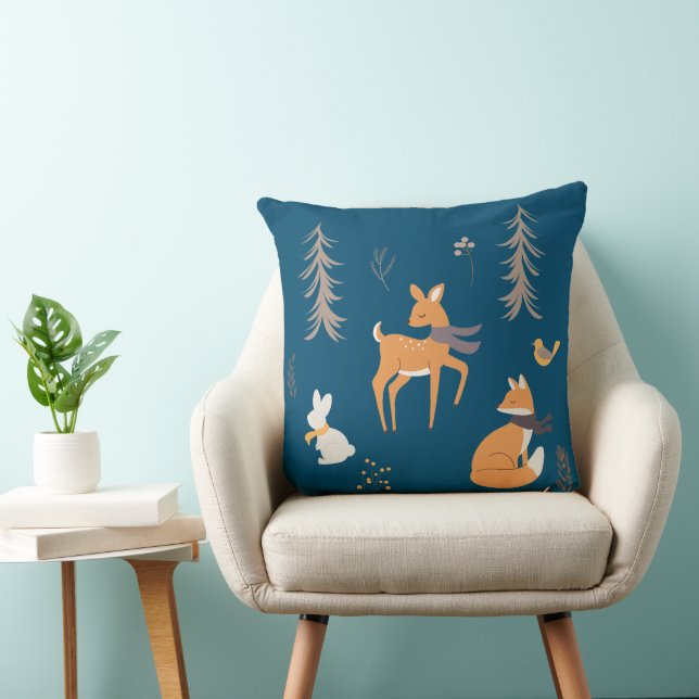 Winter Woodland Dieren Folk Art Blauwe Kerst Kussen (Stoel)