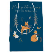 Winter Woodland Dieren Folk Art Blauwe Kerst Medium Cadeauzakje (Voorkant)