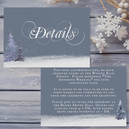 Winter Woodland Dusty Blue White Wedding Details Informatiekaartje
