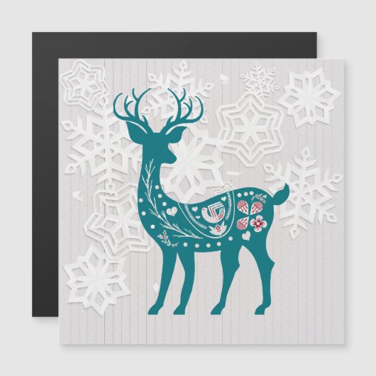 Winter Woodland Elk Deer Snowflake Magnet Card (Voorkant / Achterkant)