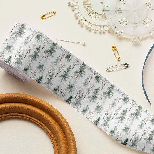 Winter Woodland Evergreen Tree Pattern Satijnen Lint