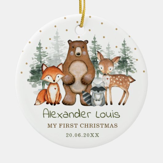 Winter Woodland Forest Animals Baby 1e Kerstdag Keramisch Ornament (Voorkant)