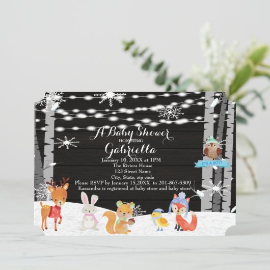 Winter Woodland Forest Baby Boy Shower Invitation Kaart (Staand voorkant)