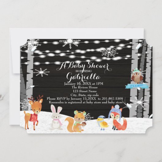 Winter Woodland Forest Baby Boy Shower Invitation Kaart (Voorkant)