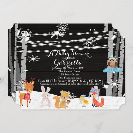 Winter Woodland Forest Baby Boy Shower Invitation Kaart (Voorkant / Achterkant)