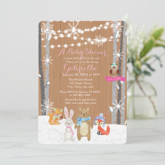 Winter Woodland Forest Baby Girl Douche Uitnodigin Kaart (Staand voorkant)