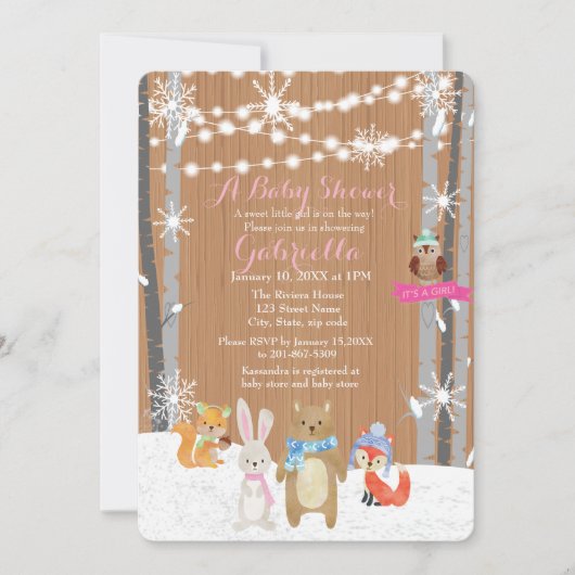 Winter Woodland Forest Baby Girl Douche Uitnodigin Kaart (Voorkant)