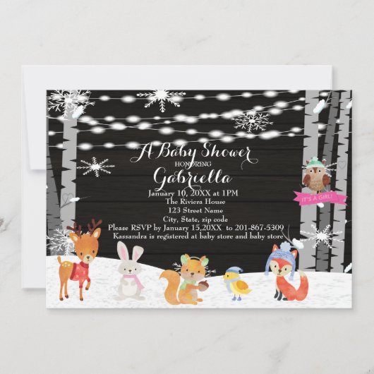 Winter Woodland Forest Baby Girl Shower Kaart (Voorkant)