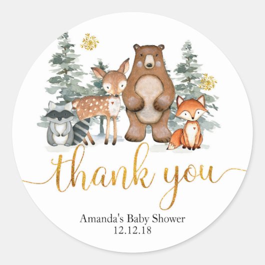 Winter Woodland Forest Baby shower Dank u Label (Voorkant)