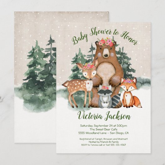 Winter Woodland Forest Baby Shower-uitnodigingen Kaart (Voorkant / Achterkant)