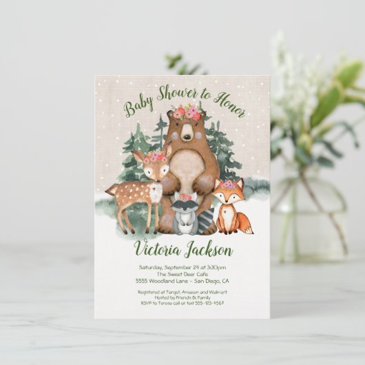 Winter Woodland Forest Baby Shower-uitnodigingen Kaart (Staand voorkant)