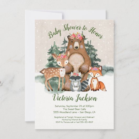 Winter Woodland Forest Baby Shower-uitnodigingen Kaart (Voorkant)