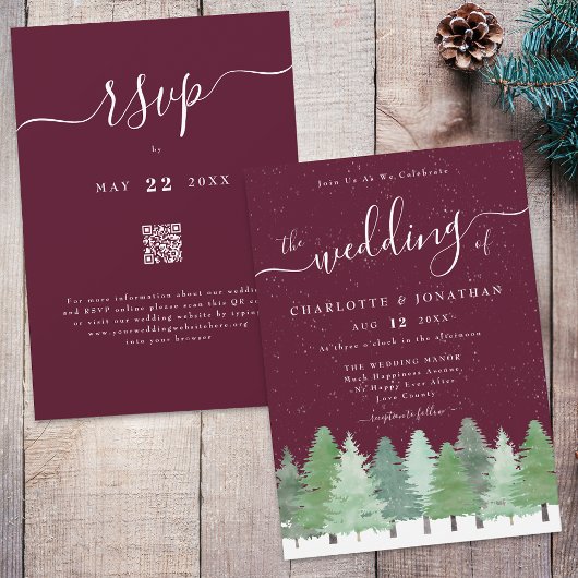 Winter Woodland Forest Burgundy Wedding Qr Code  Kaart