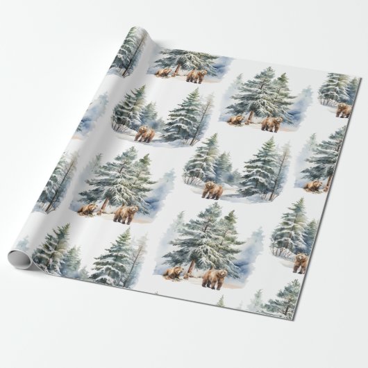Winter Woodland Forest Grizzly Beer Familie Vakant Cadeaupapier (Uitgerold)