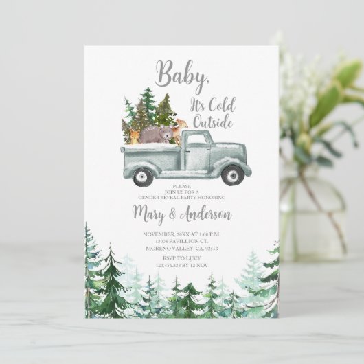 Winter Woodland Forest Truck Dier Geslacht onthull Kaart (Staand voorkant)