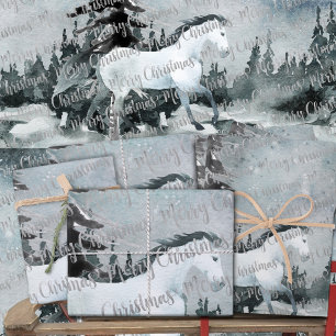 Winter Woodland Forest White Horse Merry kerst Inpakpapier Vel