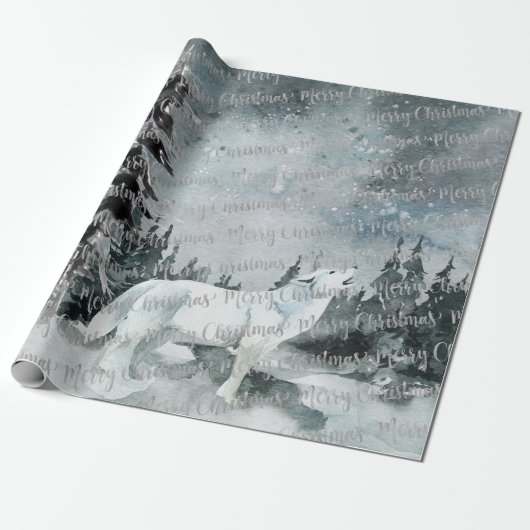 Winter Woodland Forest White Wolf Merry kerst Cadeaupapier (Uitgerold)