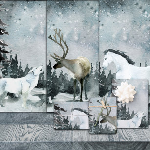 Winter Woodland Forest White Wolf Stag & Horse Inpakpapier Vel