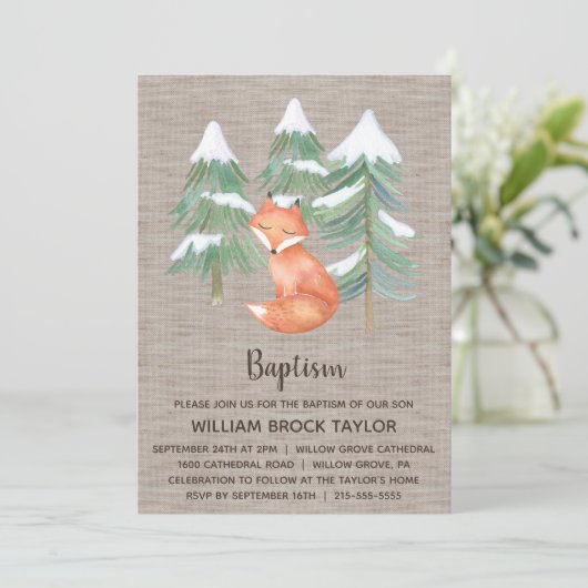 Winter Woodland Fox Baptism Kaart (Staand voorkant)