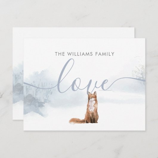 Winter Woodland Fox familienaam Script Love Feestdagenkaart (Voorkant / Achterkant)