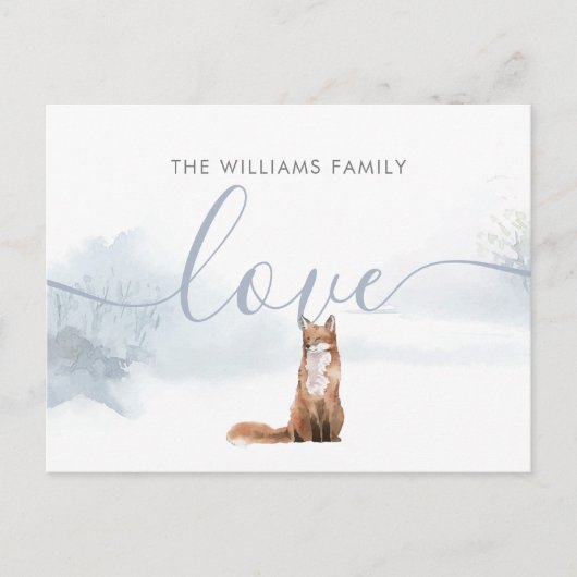 Winter Woodland Fox familienaam Script Love Feestdagenkaart (Voorkant)