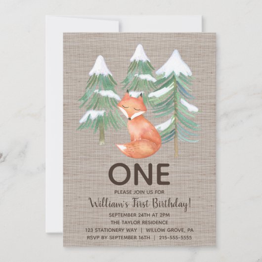 Winter Woodland Fox First Birthday Party Kaart (Voorkant)