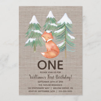 Winter Woodland Fox First Birthday Party Kaart