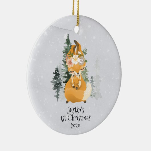Winter Woodland Fox Mama Baby 1e Kerstmis Keramisch Ornament (Rechts)