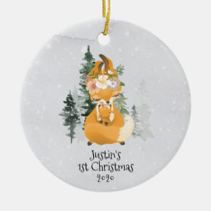 Winter Woodland Fox Mama Baby 1e Kerstmis Keramisch Ornament
