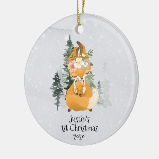 Winter Woodland Fox Mama Baby 1e Kerstmis Keramisch Ornament (Links)