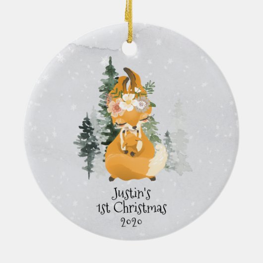 Winter Woodland Fox Mama Baby 1e Kerstmis Keramisch Ornament (Achterkant)