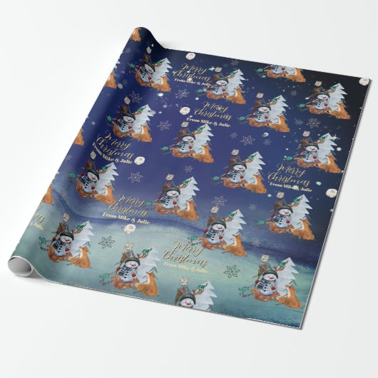 Winter Woodland Fox & Snowman Wrapping Paper  Cadeaupapier (Uitgerold)